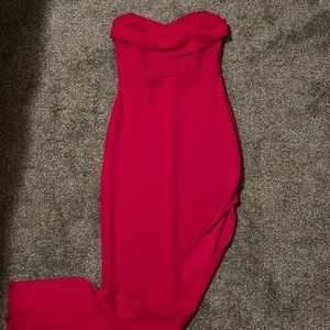 Red strapless dress with leg slit (on left)